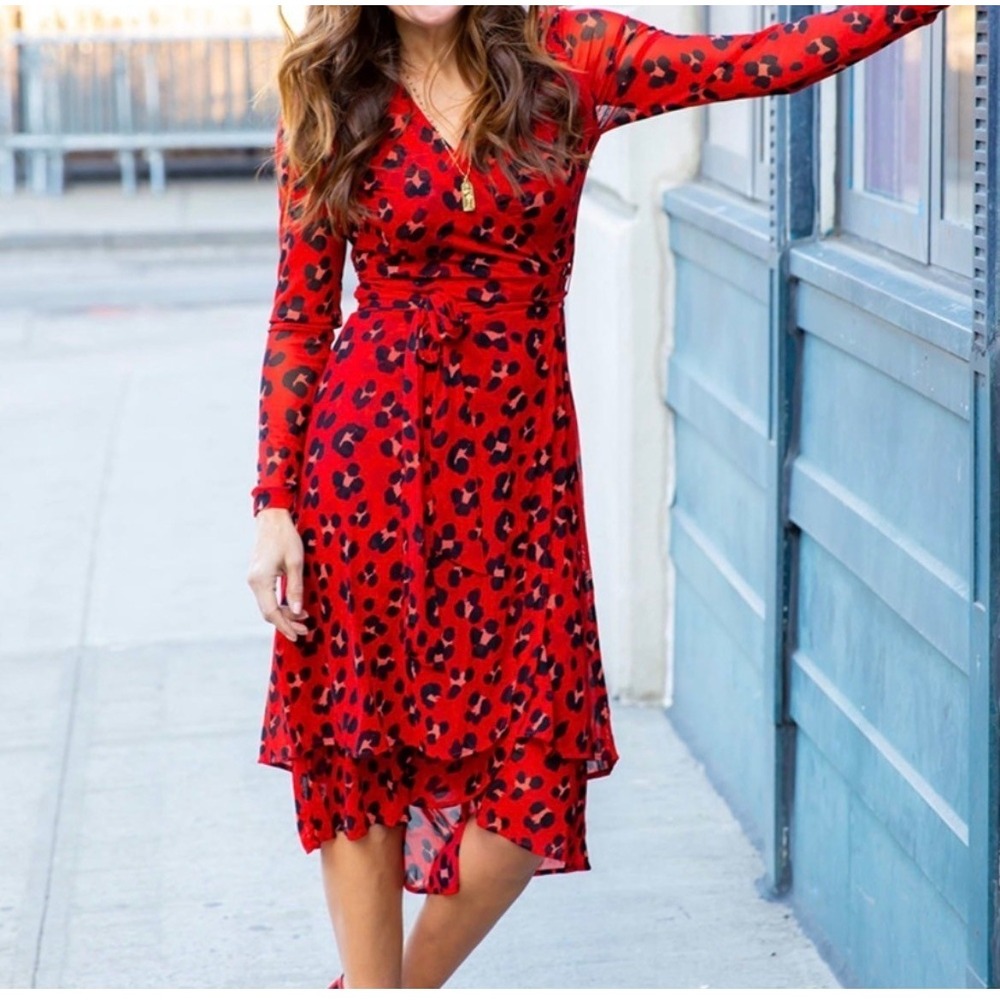 Cabi Women's Siren Wrap Dress Leopard Animal Print Red Sz M